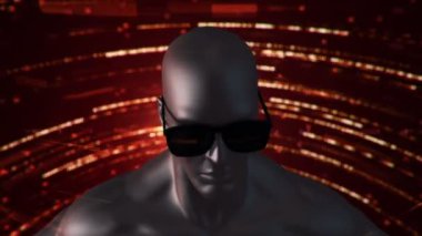 VR gözlüklü insan animasyonu soyut uzayda parçacıklar ve verilerle. Sanal gerçeklik ve teknoloji endüstrisi. Kusursuz döngünün animasyonu.