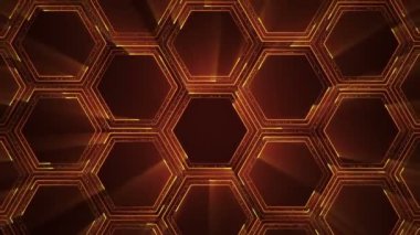 Devre elektrik sinyal parçacıkları ve turuncu ışık çizgilerinin animasyonuyla soyut teknoloji arka planı. Kusursuz döngünün animasyonu.  