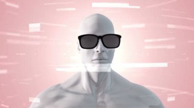 VR gözlüklü insan animasyonu soyut uzayda parçacıklar ve verilerle. Sanal gerçeklik ve teknoloji endüstrisi. Kusursuz döngünün animasyonu.