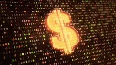 1 ve 0 rakamlarından ikili kodların asılma sembollerinin arka planında dolar simgesi olan teknolojik arka plan. Kusursuz döngü. 