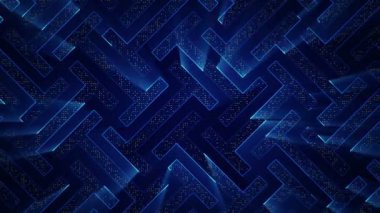 Çizgili ve parçalı geometrik arkaplan. Mavi ışıltılı devre elektrik sinyalinin animasyonu. Kusursuz döngünün animasyonu.  