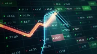 Büyüyen grafiklerin canlandırılmasıyla soyut bir arkaplan ve yüzde sembolleri olan sayılar akışı. Finansal rakamlar ve grafikler artan kâr gösteriyor. Kusursuz döngünün animasyonu.
