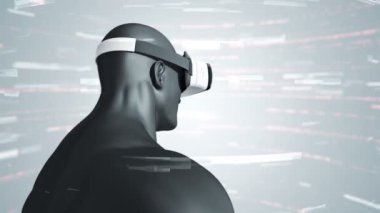 Vr Kulaklıklı, parçacıklar ve verilerle soyut uzayda insan animasyonu. Sanal gerçeklik ve teknoloji endüstrisi. Kusursuz döngünün animasyonu.