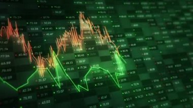 Büyüyen grafiklerin canlandırılmasıyla soyut bir arkaplan ve yüzde sembolleri olan sayılar akışı. Finansal rakamlar ve grafikler artan kâr gösteriyor. Kusursuz döngünün animasyonu.