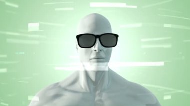 VR gözlüklü insan animasyonu soyut uzayda parçacıklar ve verilerle. Sanal gerçeklik ve teknoloji endüstrisi. Kusursuz döngünün animasyonu.
