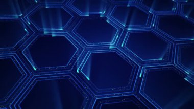 Devre elektrik sinyal parçacıkları ve mavi ışık çizgilerinin animasyonuyla soyut teknoloji arka planı. Kusursuz döngünün animasyonu.  