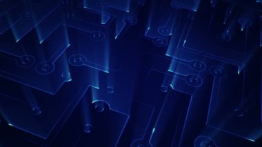 Devre elektrik sinyal parçacıkları ve mavi ışık çizgilerinin animasyonuyla soyut teknoloji arka planı. Kusursuz döngünün animasyonu.  