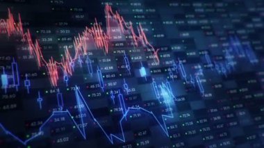 Büyüyen grafiklerin canlandırılmasıyla soyut bir arkaplan ve yüzde sembolleri olan sayılar akışı. Finansal rakamlar ve grafikler artan kâr gösteriyor. Kusursuz döngünün animasyonu.