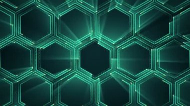 Devre elektrik sinyal parçacıkları ve yeşil ışık çizgilerinin animasyonuyla soyut teknoloji arka planı. Kusursuz döngünün animasyonu.