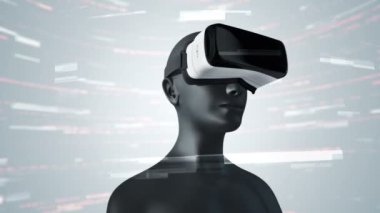 Vr Kulaklıklı, parçacıklar ve verilerle soyut uzayda insan animasyonu. Sanal gerçeklik ve teknoloji endüstrisi. Kusursuz döngünün animasyonu.