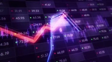 Büyüyen grafiklerin canlandırılmasıyla soyut bir arkaplan ve yüzde sembolleri olan sayılar akışı. Finansal rakamlar ve grafikler artan kâr gösteriyor. Kusursuz döngünün animasyonu.
