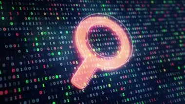 Arkaplanda büyüteç simgesi olan teknolojik arka plan, ikili kod sembollerini 1 ve 0 rakamlarına asıyor. Kusursuz döngü. 