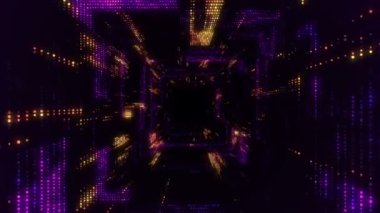 Parlayan ve yanıp sönen parçacıklardan dijital teknolojik tünele uçmanın animasyonu. Kusursuz döngünün animasyonu.