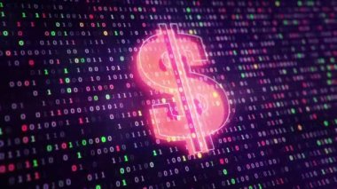 1 ve 0 rakamlarından ikili kodların asılma sembollerinin arka planında dolar simgesi olan teknolojik arka plan. Kusursuz döngü. 