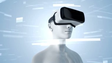 Vr Kulaklıklı, parçacıklar ve verilerle soyut uzayda insan animasyonu. Sanal gerçeklik ve teknoloji endüstrisi. Kusursuz döngünün animasyonu.