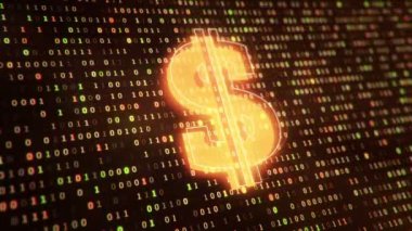 1 ve 0 rakamlarından ikili kodların asılma sembollerinin arka planında dolar simgesi olan teknolojik arka plan. Kusursuz döngü. 
