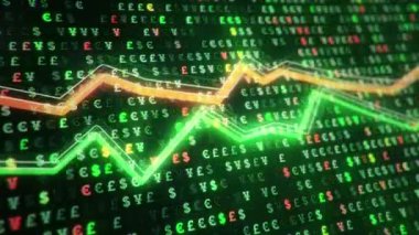 Büyüyen grafiklerin canlandırılmasıyla soyut bir arkaplan ve yüzde sembolleri olan sayılar akışı. Finansal rakamlar ve grafikler artan kâr gösteriyor. Kusursuz döngünün animasyonu.