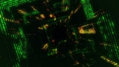 Parlayan ve yanıp sönen parçacıklardan dijital teknolojik tünele uçmanın animasyonu. Kusursuz döngünün animasyonu.