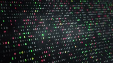 İkili kodu temsil eden teknolojik arka plan. Renkli arkaplanda 1 ve 0 numaralı ikili basamaklar. Kusursuz döngünün animasyonu.