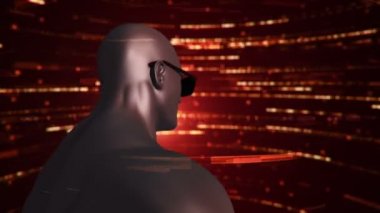 VR gözlüklü insan animasyonu soyut uzayda parçacıklar ve verilerle. Sanal gerçeklik ve teknoloji endüstrisi. Kusursuz döngünün animasyonu.