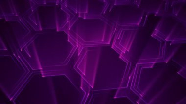 Devre elektrik sinyal parçacıkları ve mor ışık çizgilerinin animasyonuyla soyut teknoloji arka planı. Kusursuz döngünün animasyonu. 