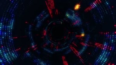 Parlayan ve titreyen parçacıklardan dijital teknolojik tünele uçmanın 3 boyutlu animasyonu, kusursuz döngü