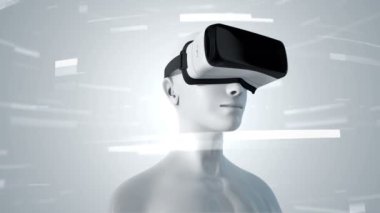 Vr Kulaklıklı, parçacıklar ve verilerle soyut uzayda insan animasyonu. Sanal gerçeklik ve teknoloji endüstrisi. Kusursuz döngünün animasyonu.