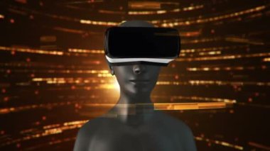 Vr Kulaklıklı, parçacıklar ve verilerle soyut uzayda insan animasyonu. Sanal gerçeklik ve teknoloji endüstrisi. Kusursuz döngünün animasyonu.