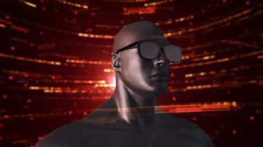 VR gözlüklü insan animasyonu soyut uzayda parçacıklar ve verilerle. Sanal gerçeklik ve teknoloji endüstrisi. Kusursuz döngünün animasyonu.