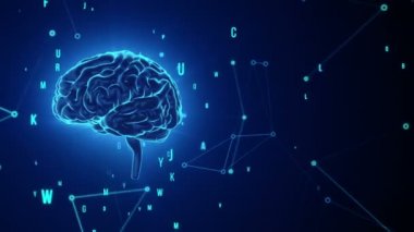 Gri arka planda uçan verilerle dönen mavi insan beyninin animasyonu. Kusursuz döngünün animasyonu