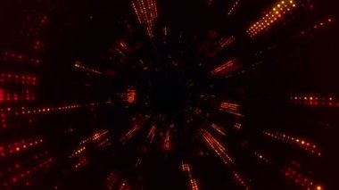 Parlayan ve yanıp sönen parçacıklardan dijital teknolojik tünele uçmanın animasyonu. Kusursuz döngünün animasyonu.
