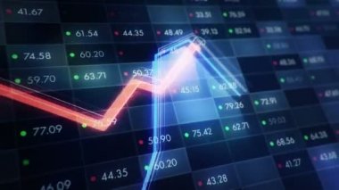 Büyüyen grafiklerin canlandırılmasıyla soyut bir arkaplan ve yüzde sembolleri olan sayılar akışı. Finansal rakamlar ve grafikler artan kâr gösteriyor. Kusursuz döngünün animasyonu.