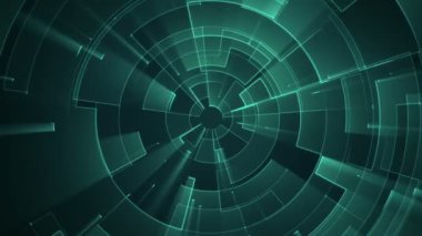 Çizgili ve parçalı geometrik arkaplan. Turkuaz ışıltılı devre elektrik sinyalinin animasyonu. Kusursuz döngünün animasyonu.  