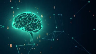 Gri arka planda uçuşan verilerle turkuaz insan beyni animasyonu. Kusursuz döngünün animasyonu