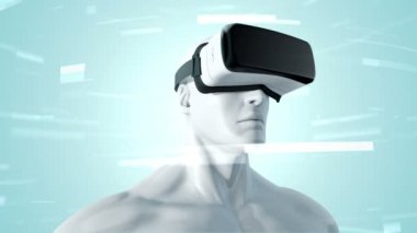 Vr Kulaklıklı, parçacıklar ve verilerle soyut uzayda insan animasyonu. Sanal gerçeklik ve teknoloji endüstrisi. Kusursuz döngünün animasyonu.