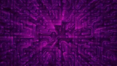 Devre elektrik sinyal parçacıkları ve mor ışık çizgilerinin animasyonuyla soyut teknoloji arka planı. Kusursuz döngünün animasyonu. 