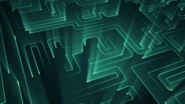 Devre elektrik sinyal parçacıkları ve yeşil ışık çizgilerinin animasyonuyla soyut teknoloji arka planı. Kusursuz döngünün animasyonu.