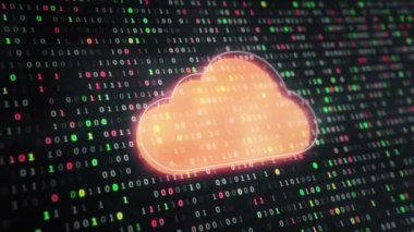 1 ve 0 rakamlarından ikili kodların asılma sembollerinin arkaplanında bulut simgesi olan teknolojik arka plan. Kusursuz döngü. 