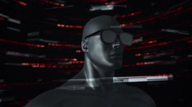 VR gözlüklü insan animasyonu soyut uzayda parçacıklar ve verilerle. Sanal gerçeklik ve teknoloji endüstrisi. Kusursuz döngünün animasyonu.