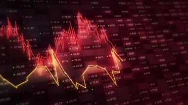 Büyüyen grafiklerin canlandırılmasıyla soyut bir arkaplan ve yüzde sembolleri olan sayılar akışı. Finansal rakamlar ve grafikler artan kâr gösteriyor. Kusursuz döngünün animasyonu.