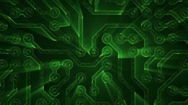 Devre elektrik sinyal parçacıkları ve yeşil ışık çizgilerinin animasyonuyla soyut teknoloji arka planı. Kusursuz döngünün animasyonu.  