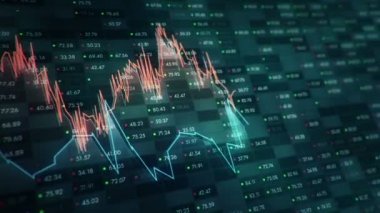 Büyüyen grafiklerin canlandırılmasıyla soyut bir arkaplan ve yüzde sembolleri olan sayılar akışı. Finansal rakamlar ve grafikler artan kâr gösteriyor. Kusursuz döngünün animasyonu.