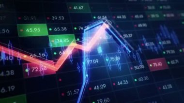 Büyüyen grafiklerin canlandırılmasıyla soyut bir arkaplan ve yüzde sembolleri olan sayılar akışı. Finansal rakamlar ve grafikler artan kâr gösteriyor. Kusursuz döngünün animasyonu.
