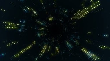 Parlayan ve yanıp sönen parçacıklardan dijital teknolojik tünele uçmanın animasyonu. Kusursuz döngünün animasyonu.