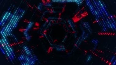 Parlayan ve yanıp sönen parçacıklardan dijital teknolojik tünele uçmanın animasyonu. Kusursuz döngünün animasyonu.