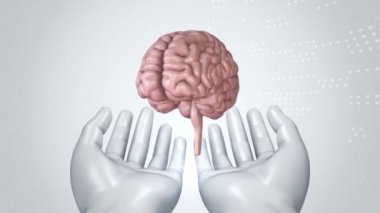 Soyut arayüzün animasyonuyla arka plan. İnsan vücudu, kafa, eller, beyin, DNA sarmalları ve atom modelleri tel biçiminde ve animasyon programlama kodlarında. Kusursuz döngünün animasyonu.