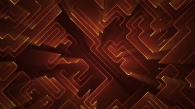Devre elektrik sinyal parçacıkları ve turuncu ışık çizgilerinin animasyonuyla soyut teknoloji arka planı. Kusursuz döngünün animasyonu.  