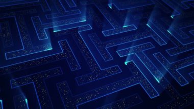 Çizgili ve parçalı geometrik arkaplan. Mavi ışıltılı devre elektrik sinyalinin animasyonu. Kusursuz döngünün animasyonu.  