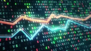 Büyüyen grafiklerin canlandırılmasıyla soyut bir arkaplan ve yüzde sembolleri olan sayılar akışı. Finansal rakamlar ve grafikler artan kâr gösteriyor. Kusursuz döngünün animasyonu.