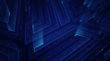 Çizgili ve parçalı geometrik arkaplan. Mavi ışıltılı devre elektrik sinyalinin animasyonu. Kusursuz döngünün animasyonu.  